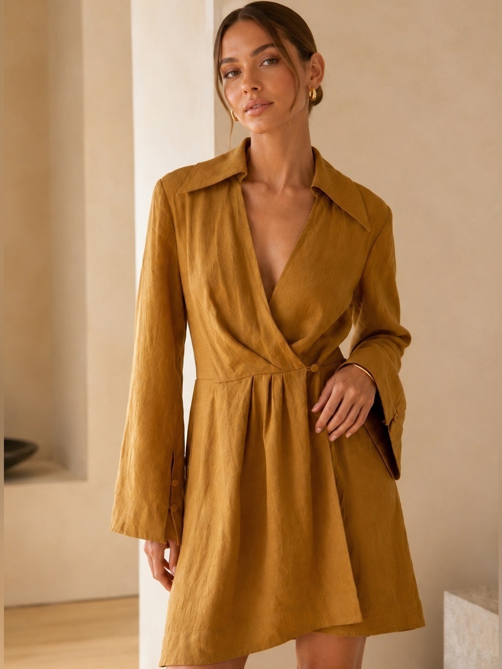 Nanushka Esma Linen Wrap Mini Dress Camel Tan Cutout XS